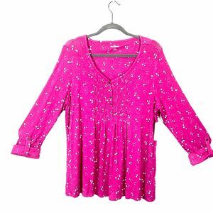 Kim Rogers Tunic Top Pink White Black Bubble Dot Popover Oversize Comfy Size L